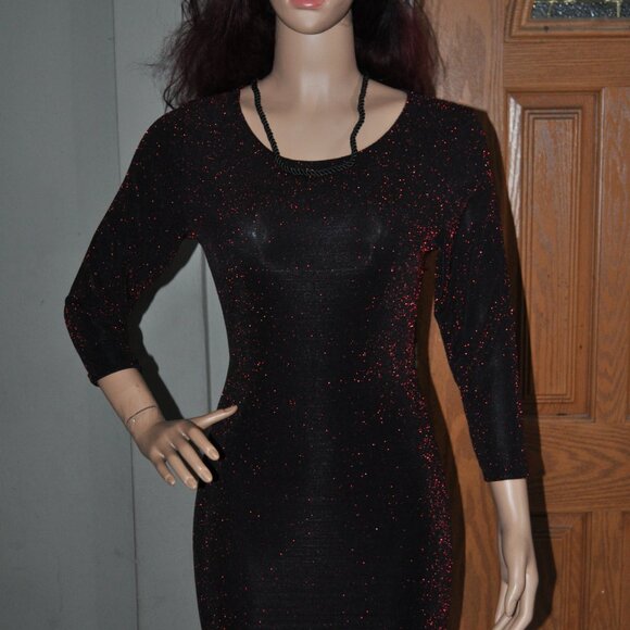 Women's 3/4 Sleeve sexy Bodycon Midi Dress Ladies Round Neck Black Red - Picture 4 of 4